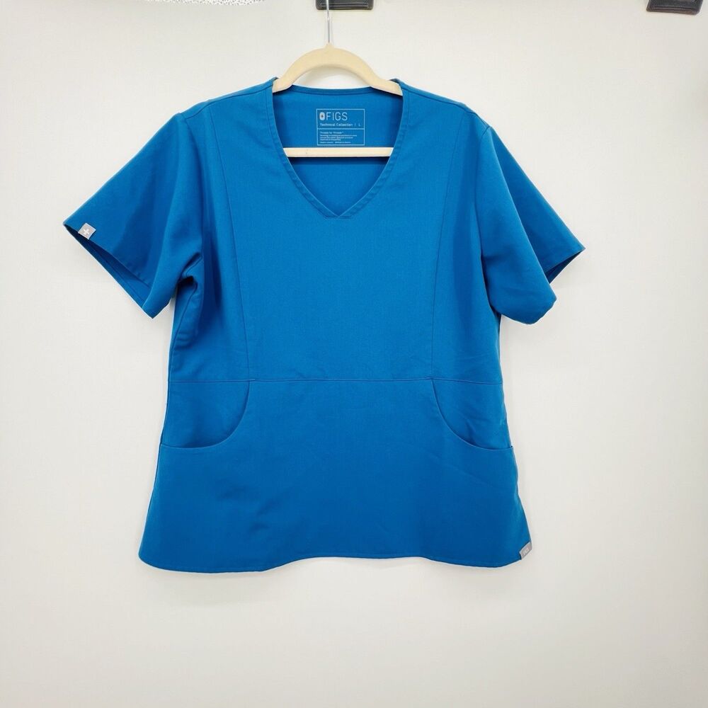 FIGS Aburi Scrub Top Kangaroo Pocket Blue Womens Sz Large Pockets Nurse Medical